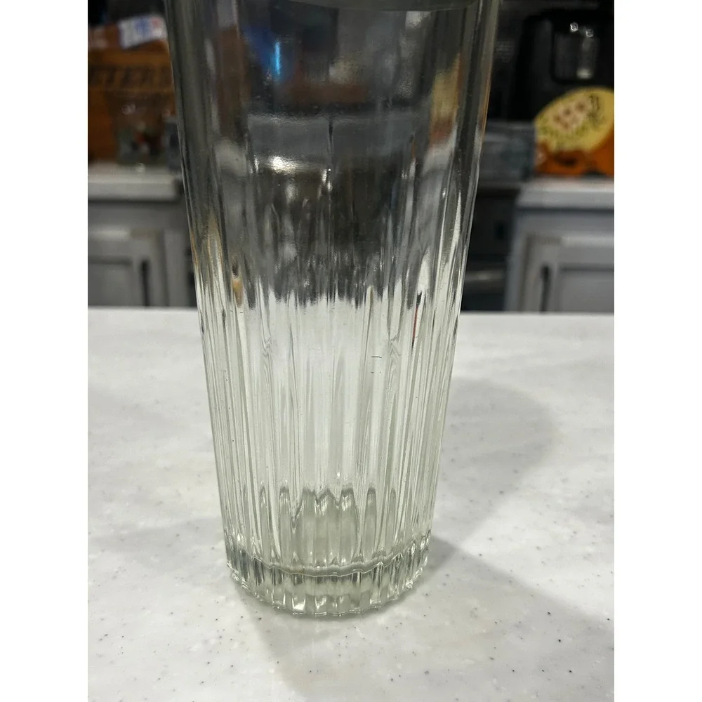 Vintage Ribbed Glass Cocktail Shaker with Chrome Lid and Built-in Strainer 9.5